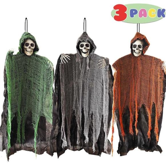 3 Pack Halloween Hanging Ghost Outdoor Decor, 36" Hanging Skeleton Grim Reaper - Picture 1 of 7
